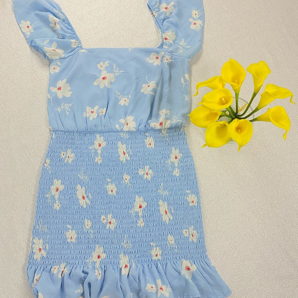 Flutter Sleeve Floral Print Smocked Bottom Dress